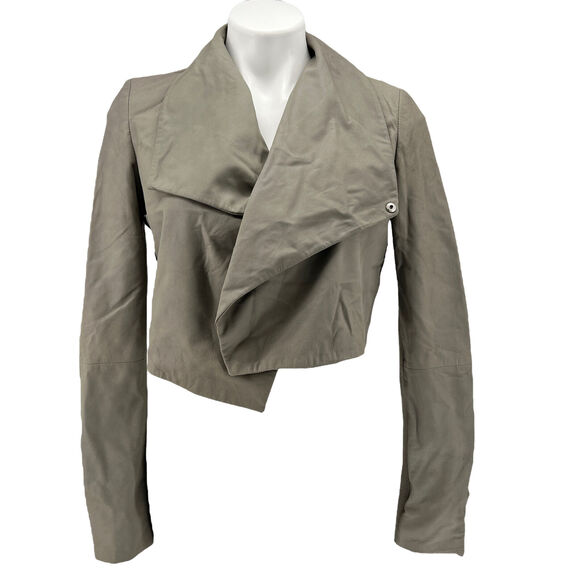 Lamarque Leather Crop Topper Jacket S NEW Claudia Biker Taupe Drape Shawl Collar - Picture 1 of 10